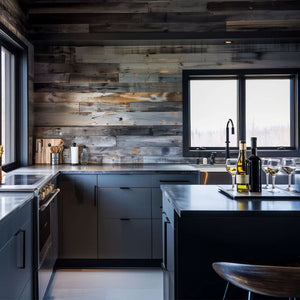 Modern Kitchen with gray cabinets and a gray reclaimed wood accent wall