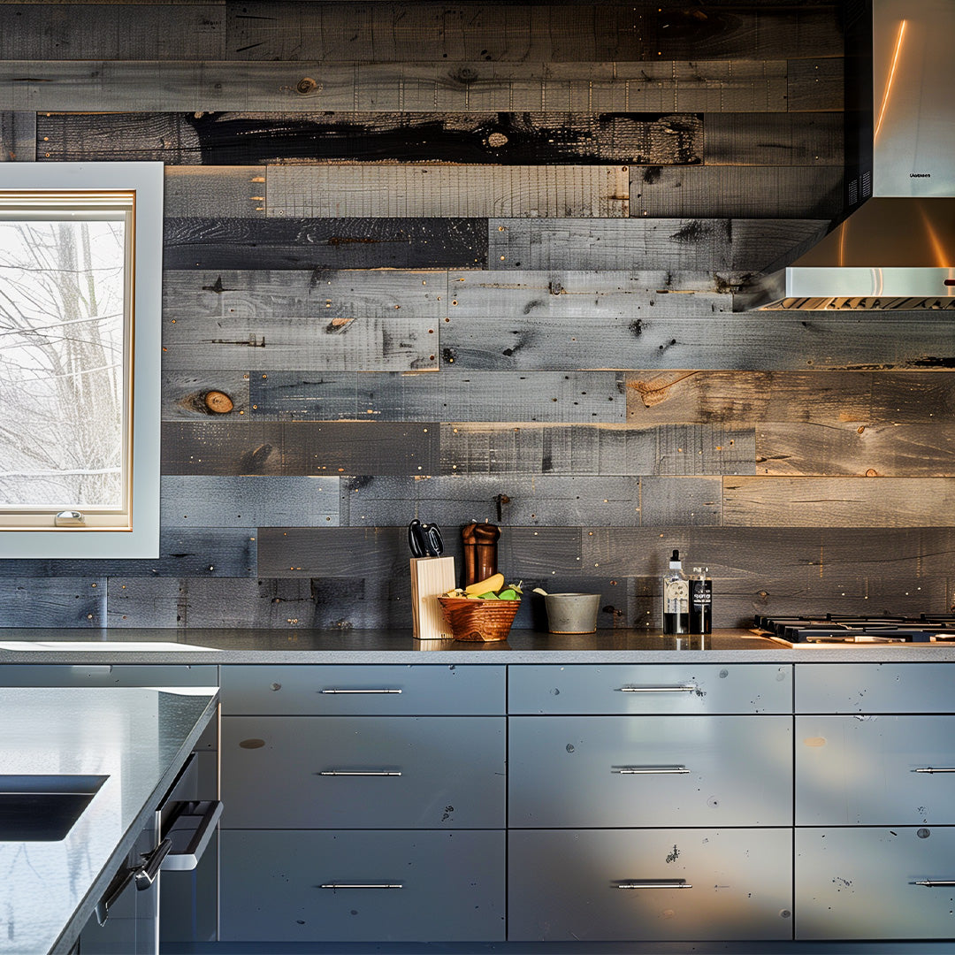 Modern Kitchen with reclaimed wood accent walls
