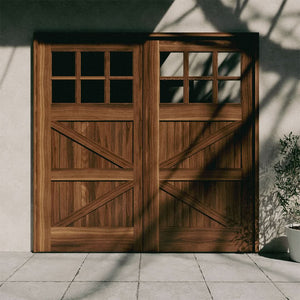 Solid Wood Garage Door on a concrete Wall