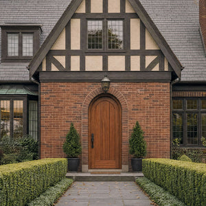 Traditional brick house with wooden Saepele Archd door and garden