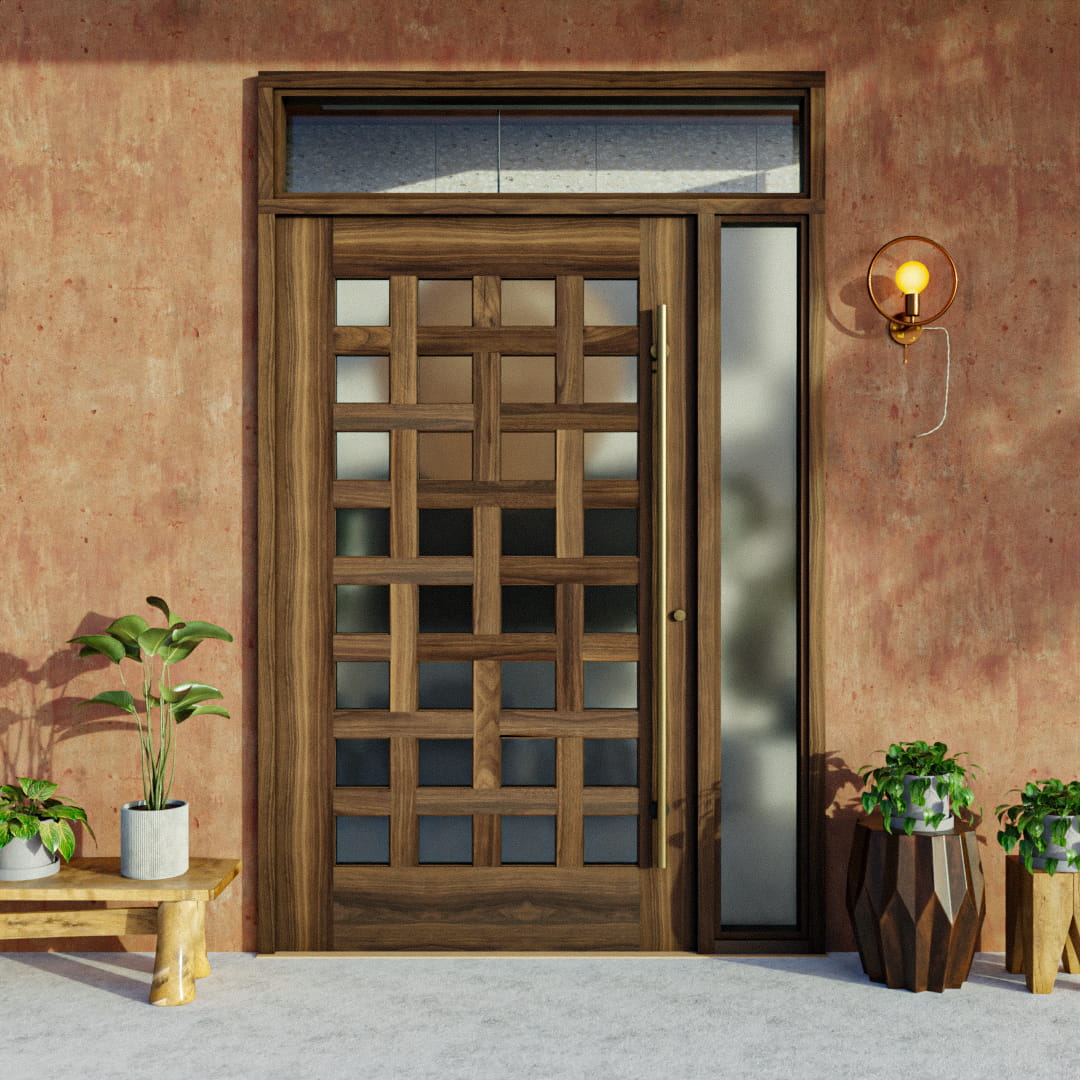 Cambria Basket Weave Pivot Door with sidelights and transom and a long pull handle next to plants on a orange wall