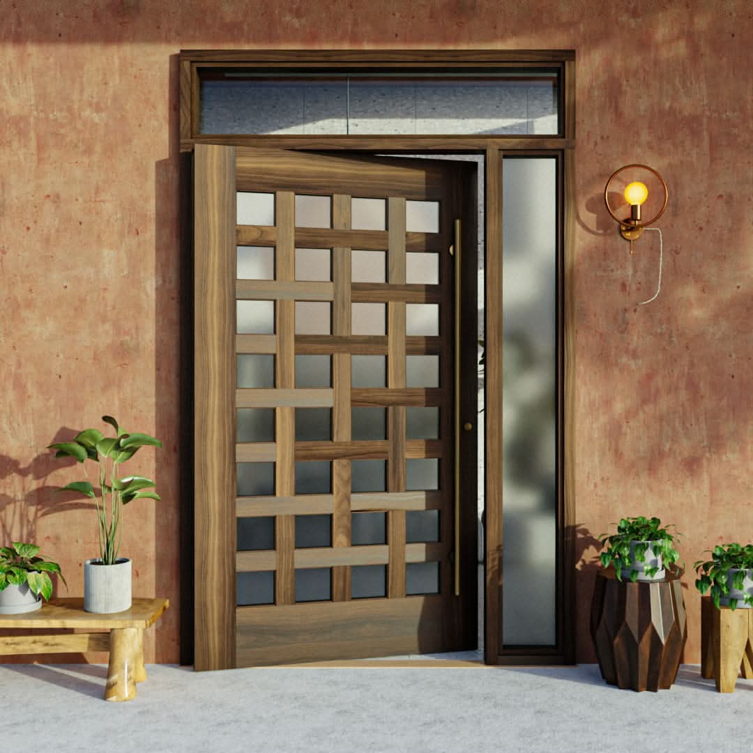 Cambria Basket Weave Pivot Door with sidelights and transom and a long pull handle next to plants on a orange wall