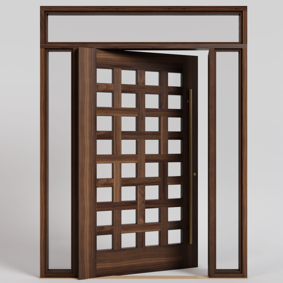 Cambria Basket Weave Pivot Door with sidelights and transom and a long pull handle in a open position