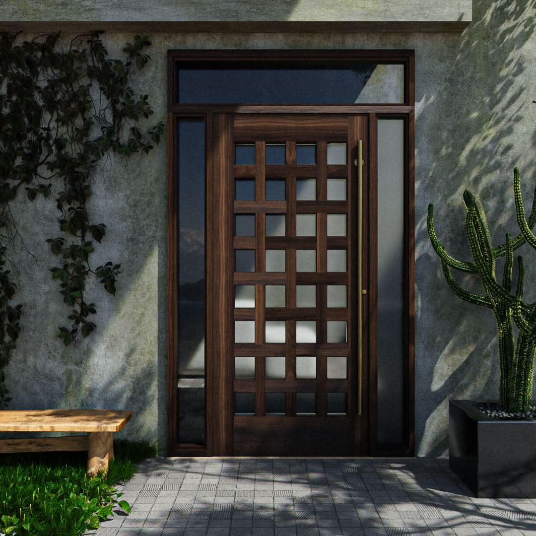 Cambria Basket Weave Wooden Front Door on a green wall next to a cactus and bench