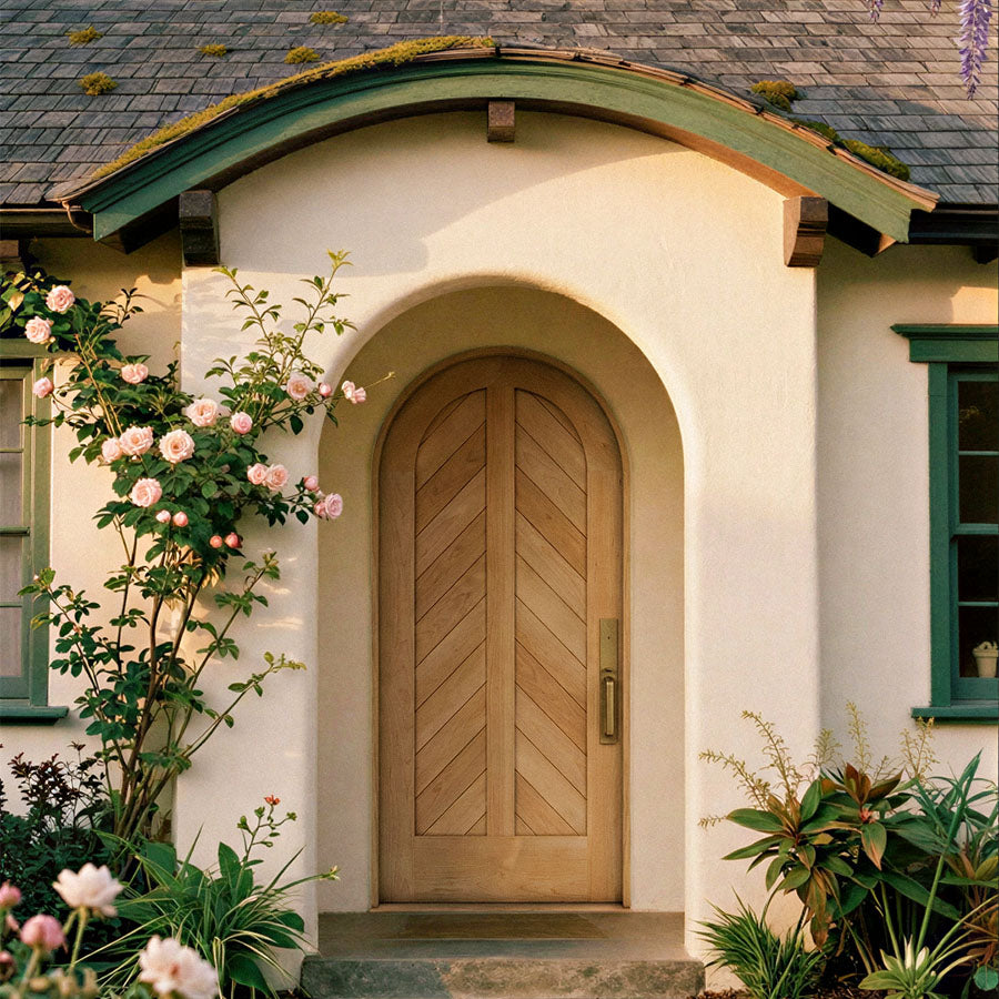 Wooden Arched door with floral decorations on a house exterior. Maple Wood door.