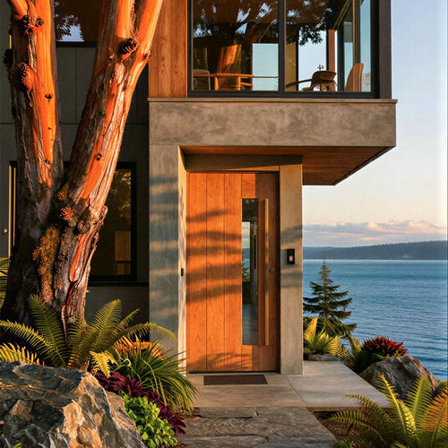 Carmel Mid-Century Modern Front Door With Side Window in cherry wood in a modern WA home. 