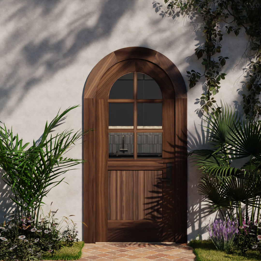 Round Top Door with Six Glass Panels and wood matched casing in Black Walnut on a modern home