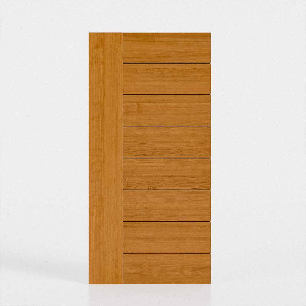 Cherry wood modern wooden door with horizontal slats on a white background