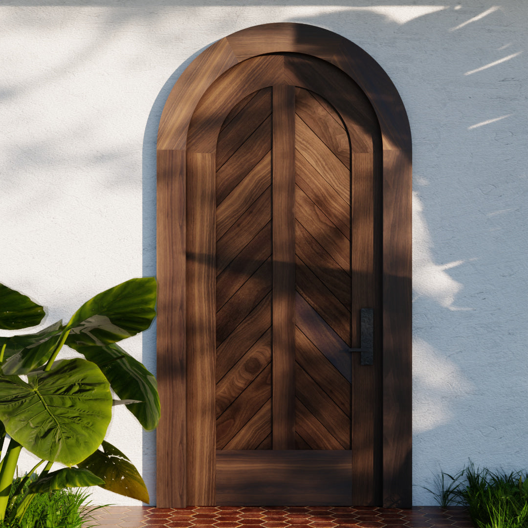 Chevron Panel Round Top Door with matching casing close up 