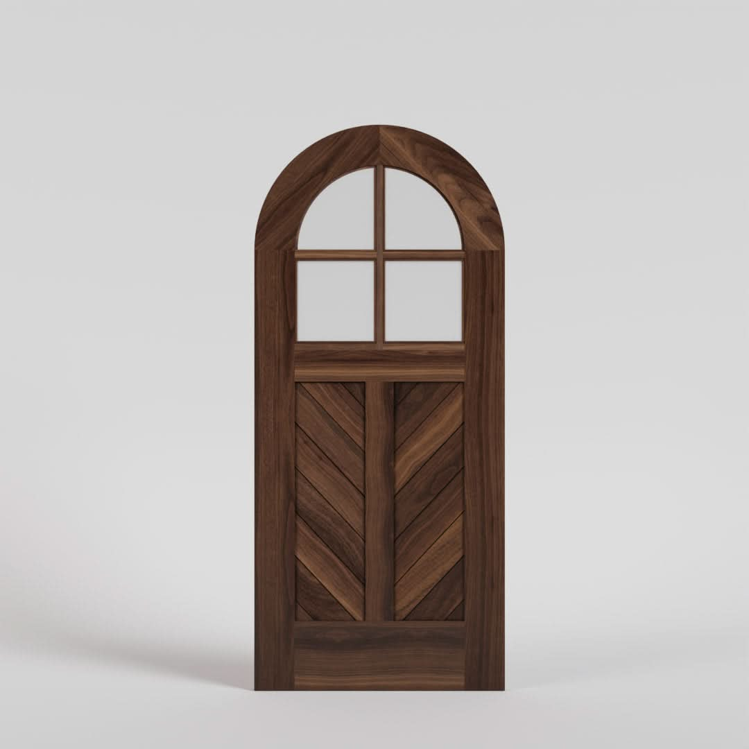 Chevron Panel Round Top Door with Window in Black Walnut