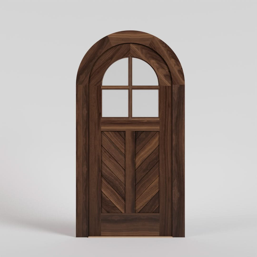 Chevron Panel Round Top Door with Window in Black Walnut with matching casing