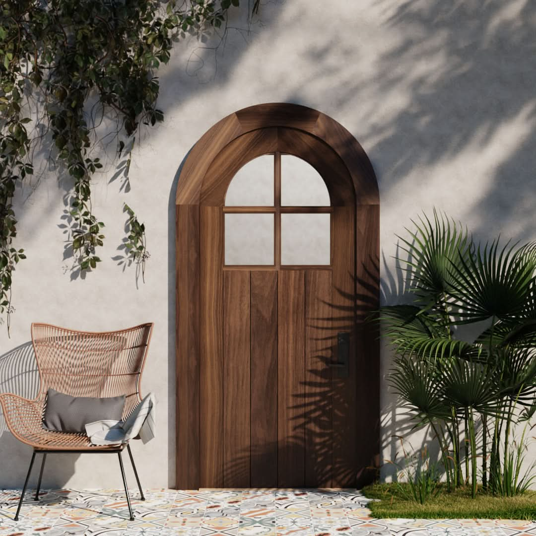 scene of flush panel round top door with window and matching casing on modern home