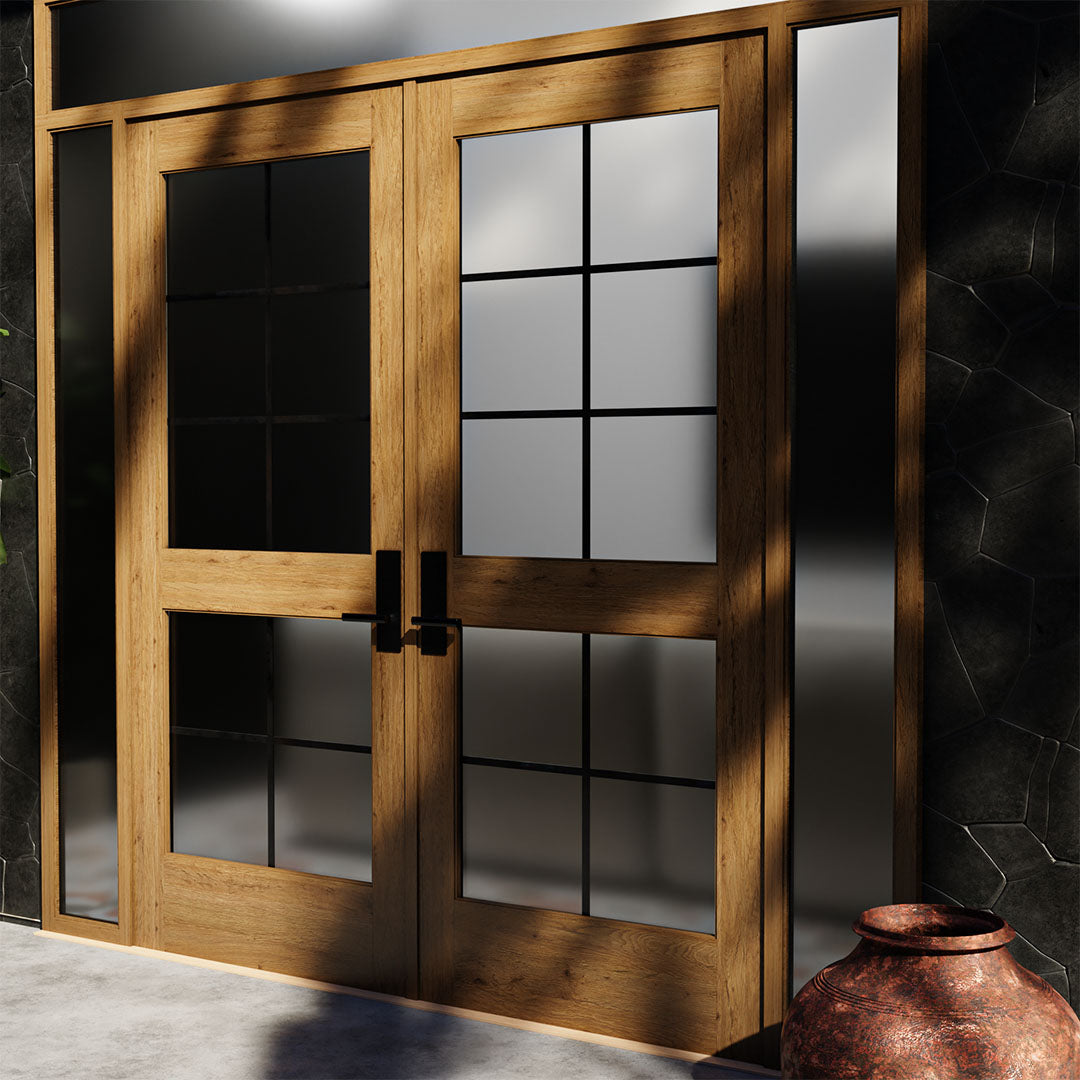 White Oak Double Glass Exterior French Doors with privacy glass on a black wall
