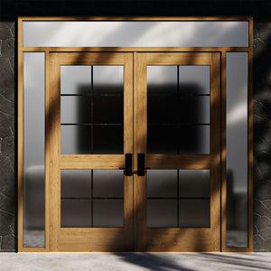 Double Glass Exterior French Doors with sidelights and transom on a black wall