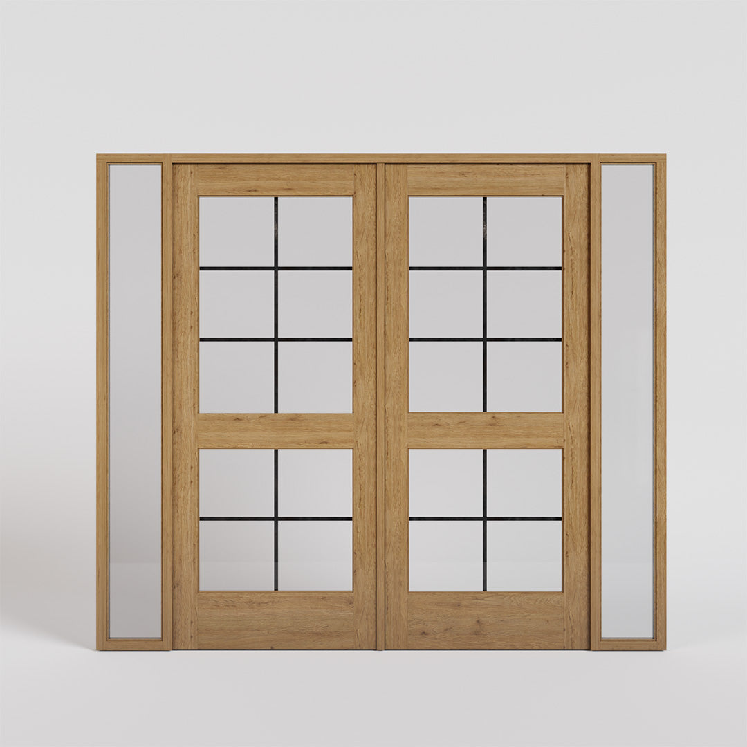 White Oak Double Glass Exterior French Doors with double sidelights