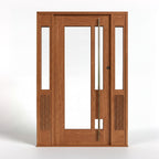 Wooden door with glass panels on a white background