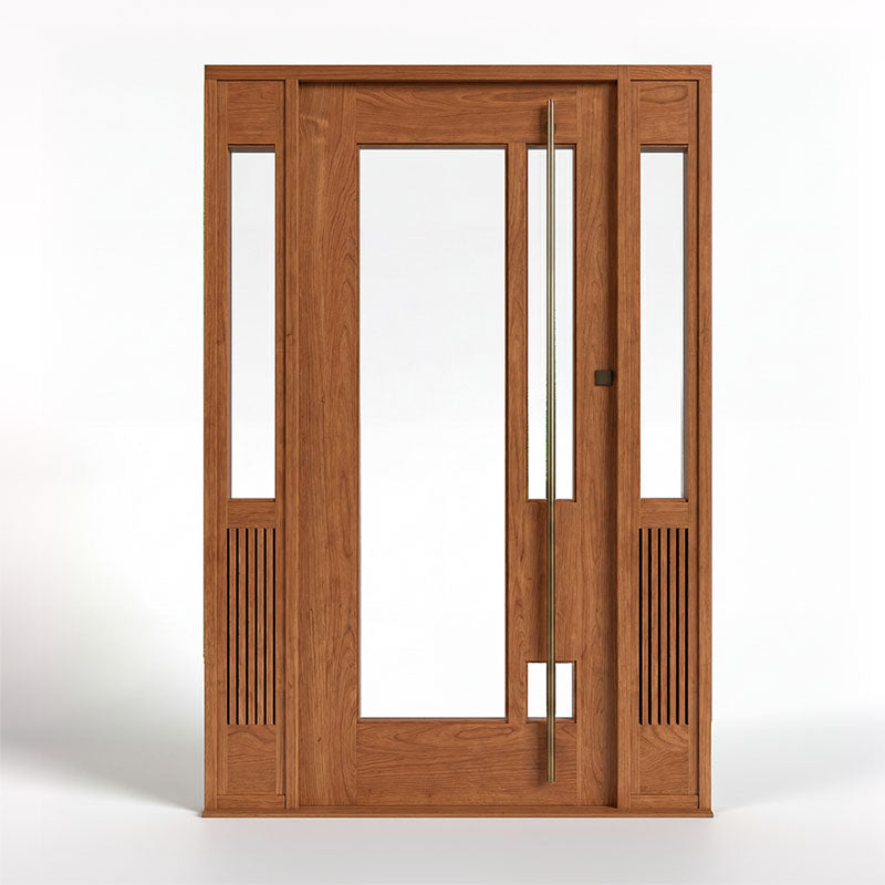 Wooden door with glass panels on a white background