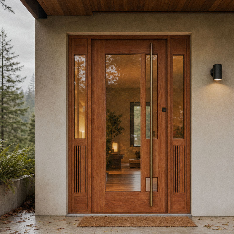 Modern Wooden front door with glass panels and Sidelights on a modern house exterior.