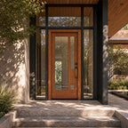 Dresden modern front door on a Modern house entrance with a wooden door and glass panels. 