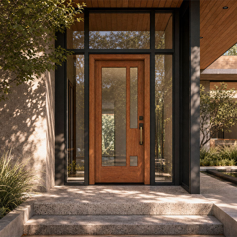 Dresden modern front door on a Modern house entrance with a wooden door and glass panels. 