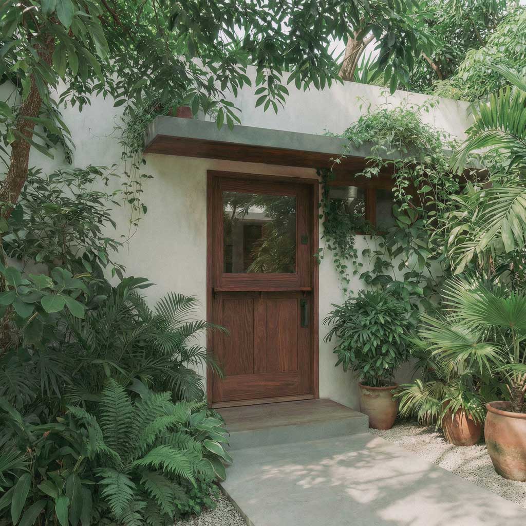 walnut wood Wooden dutch door of a house surrounded by greenery