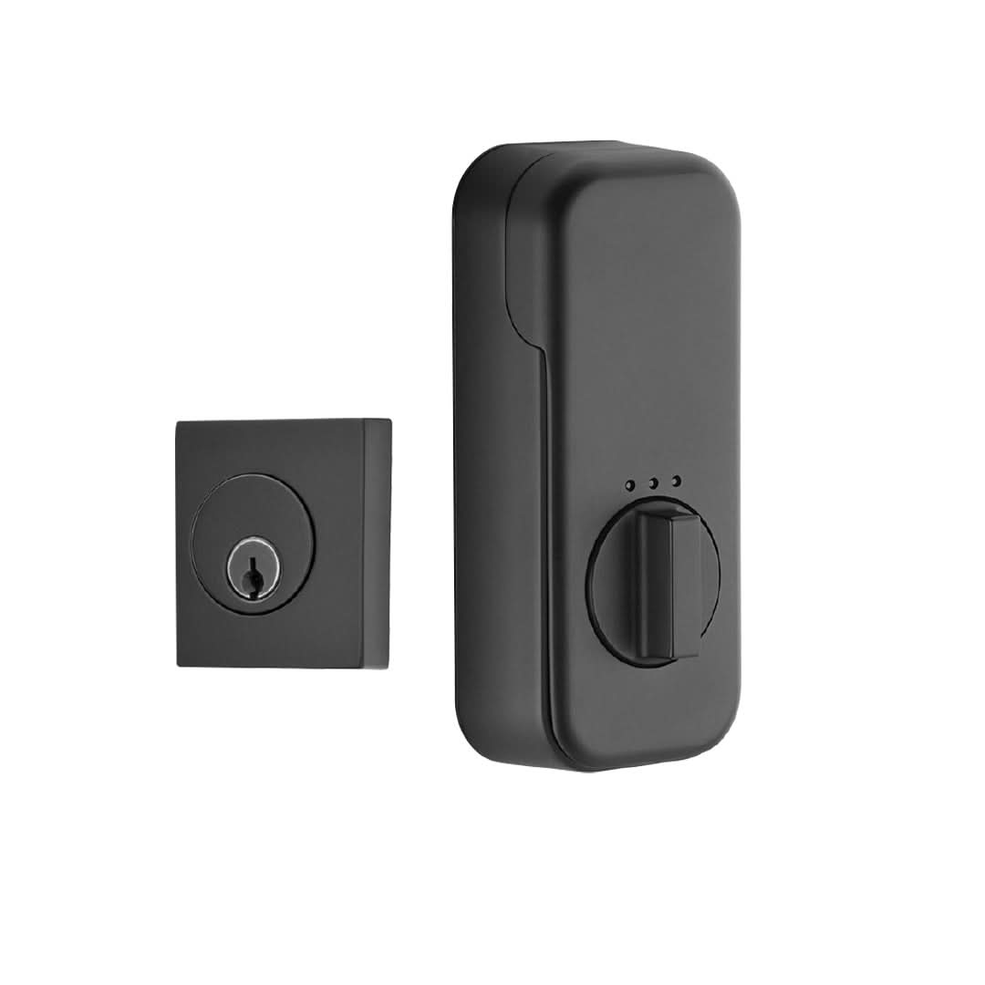Emtek Square Keyed Deadbolt with Smart Lock Upgrade in dark bronze