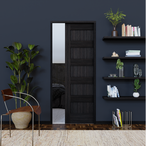 Modern living room with black pocket door