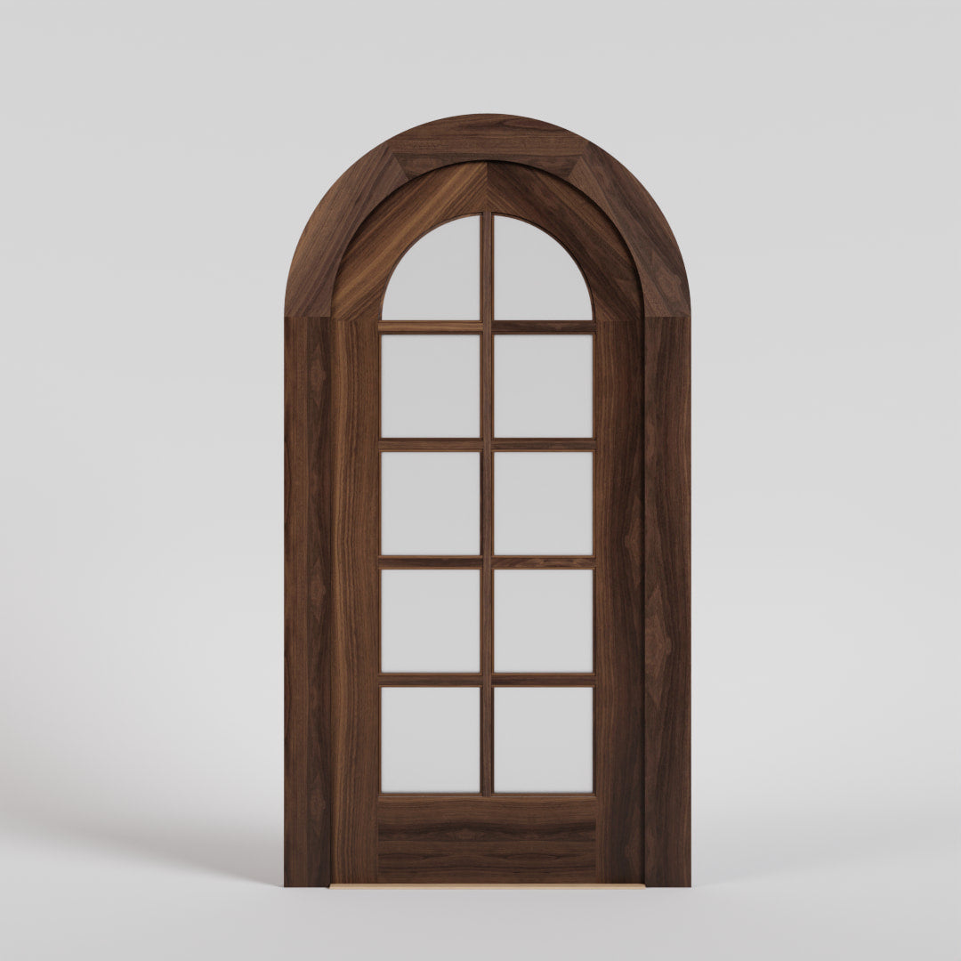 French style glass round top door in Black Walnut with matched casing