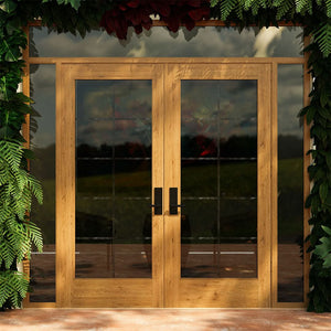 White Oak Full Panel French Glass Exterior Double Doors next to a plant wall