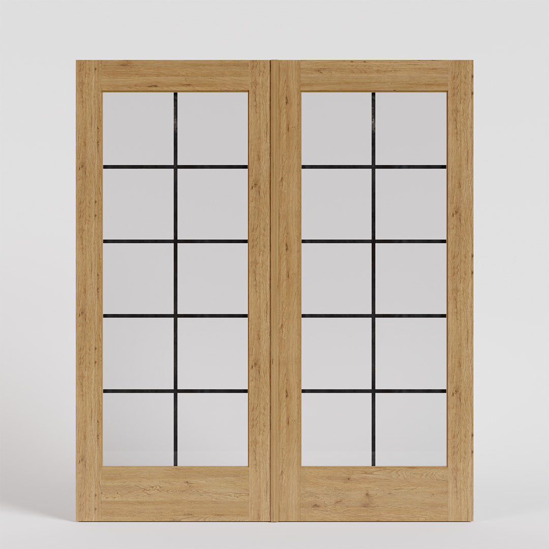 White Oak Full Panel French Glass Exterior Double Doors on white background