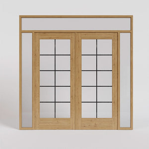 White Oak Full Panel French Glass Exterior Double Doors with sidelights and transom