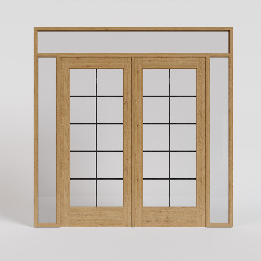 White Oak Full Panel French Glass Exterior Double Doors with sidelights and transom