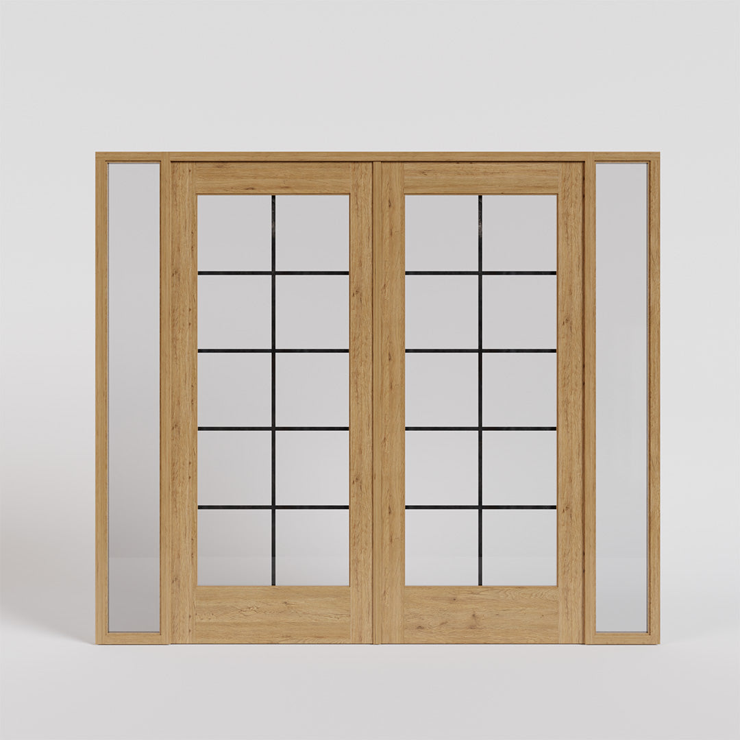 White Oak Full Panel French Glass Exterior Double Doors with sidelights on a white background