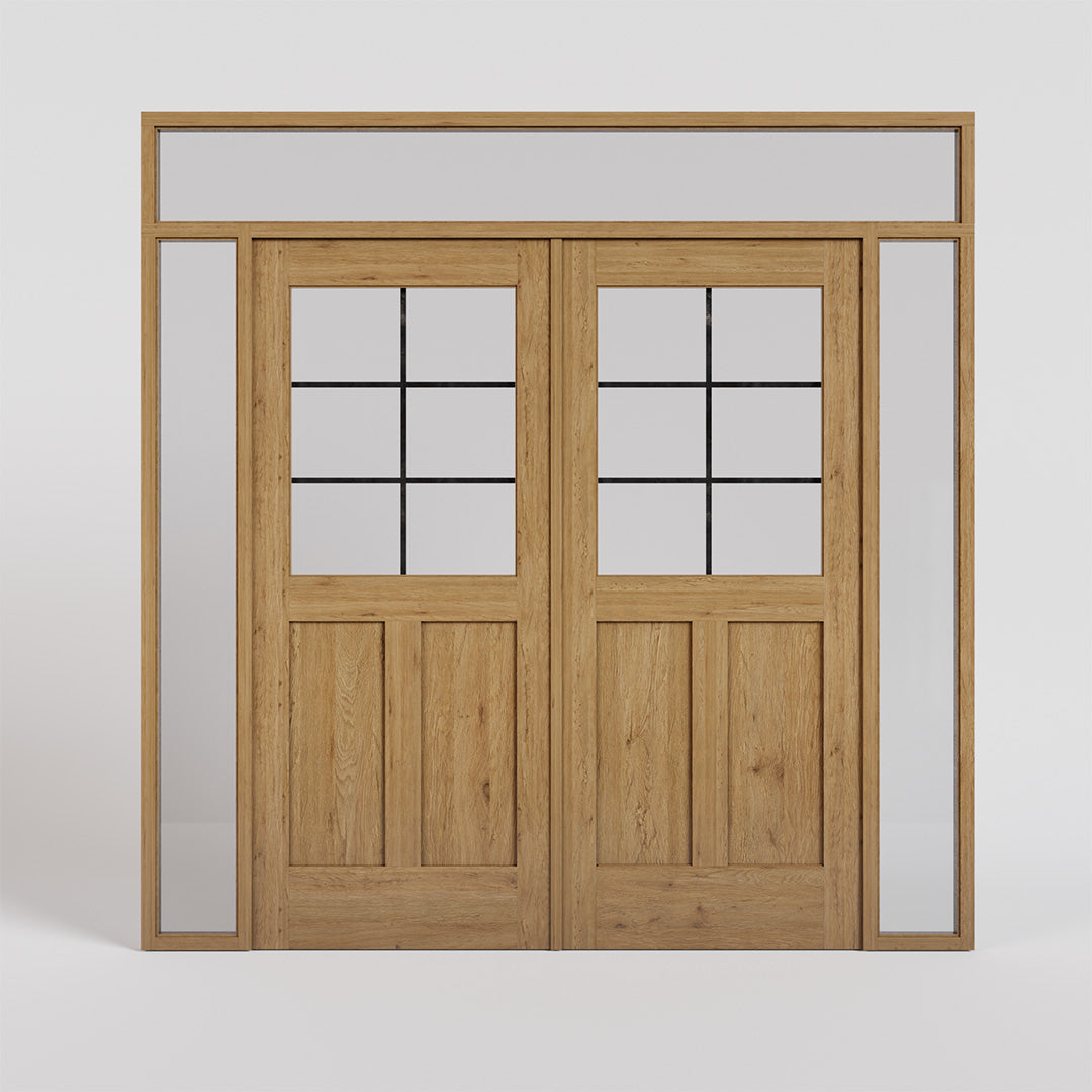 White Oak Half Glass Double French Doors with Sidelights and transom
