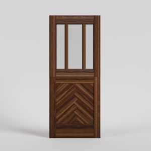 Herringbone Dutch Door with three vertical glass panels. In black walnut