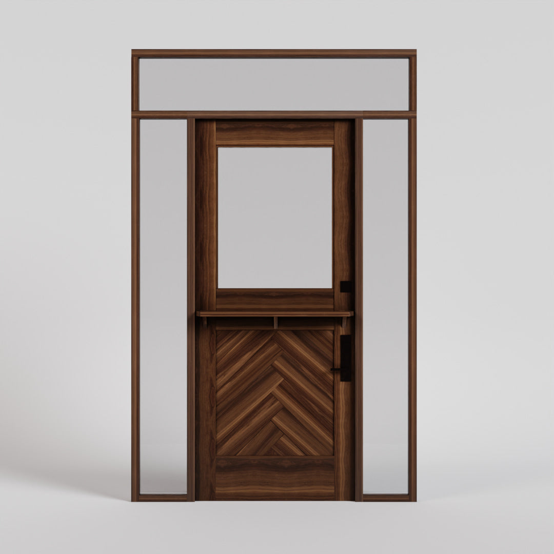 Herringbone Dutch Door with shelf, jamb, side lights, and transom. In Black Walnut