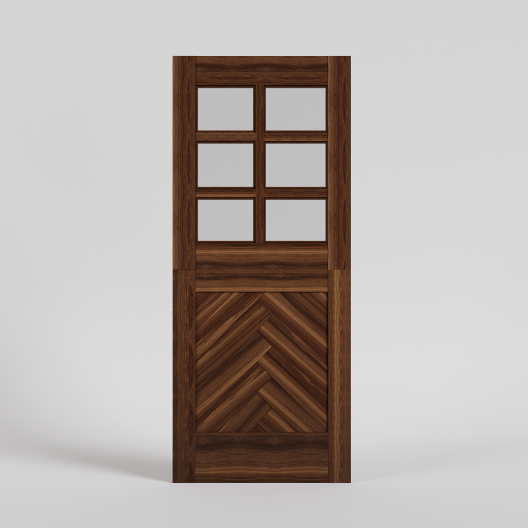 Herringbone Dutch Door with six glass panels, in black walnut