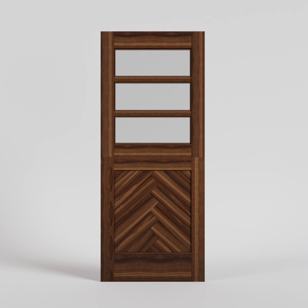 Herringbone Dutch Door with three horizontal glass panels, in Black Walnut