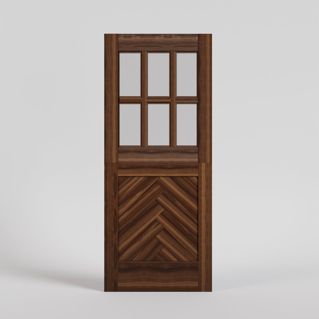 Herringbone Dutch Door with 6 vertical glass panels in Black Walnut