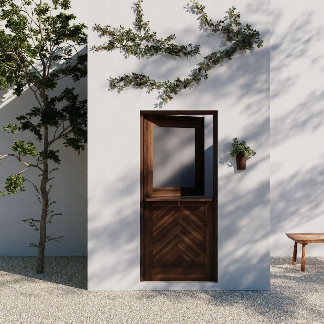 Modern Herringbone Dutch Door in a garden area