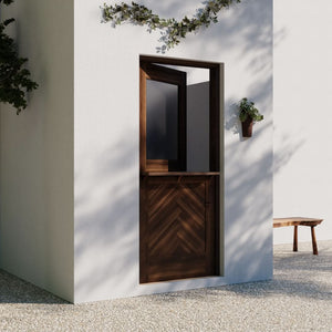 Walnut Wood Herringbone Dutch Door in a garden area