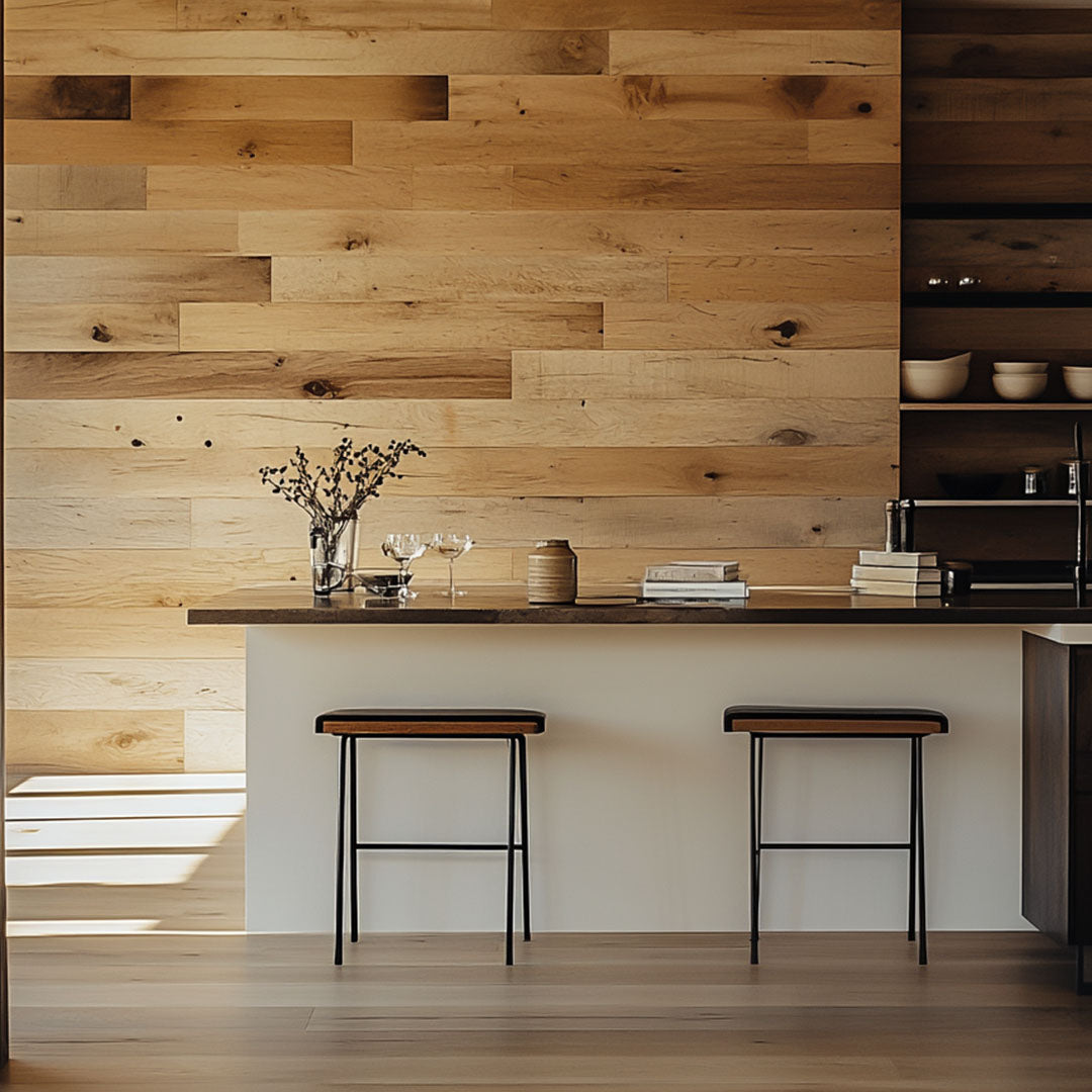 Ithaca Reclaimed Wood Accent Wall Panels on a kitchen
