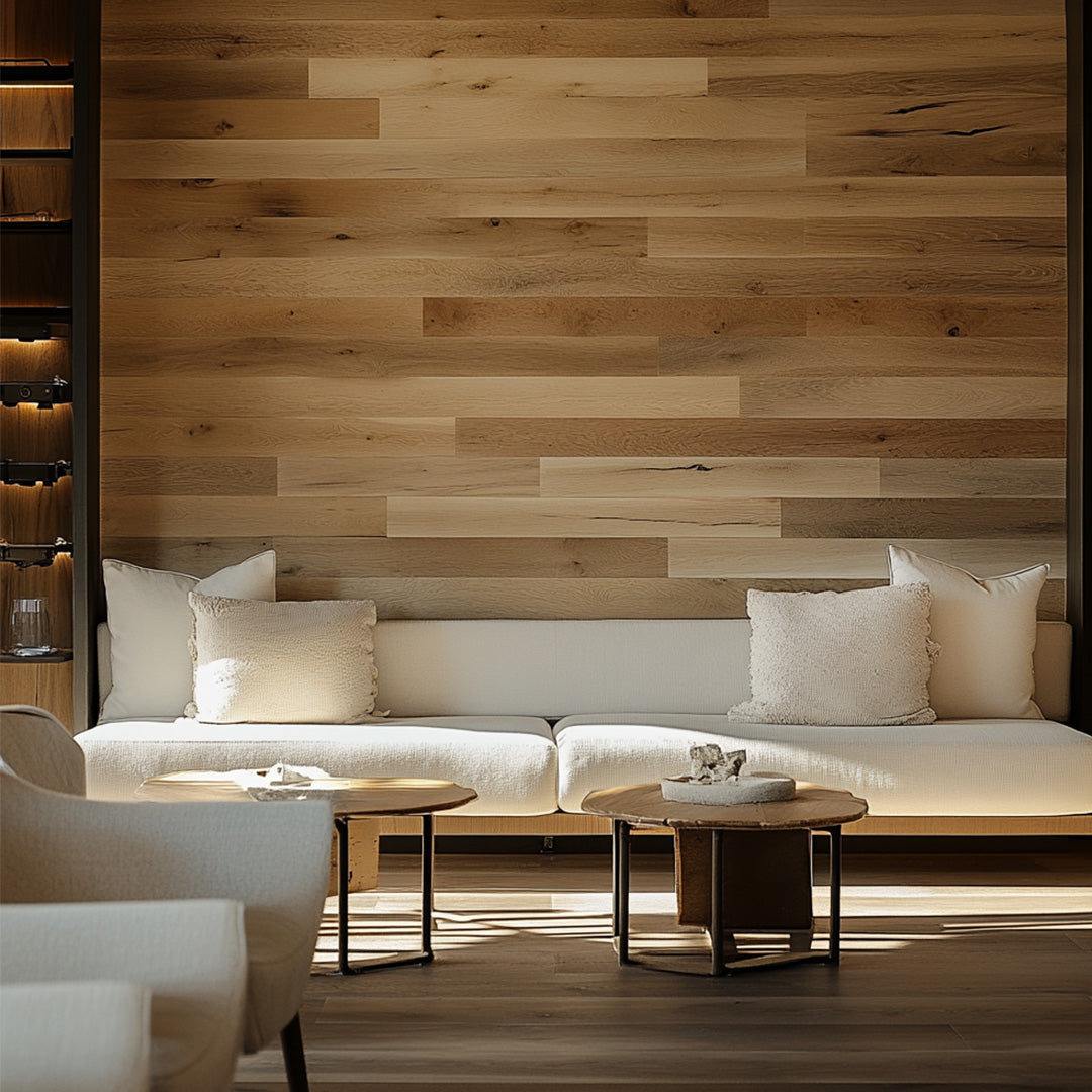 Ithaca Reclaimed Wood Accent Wall Panels in a living room