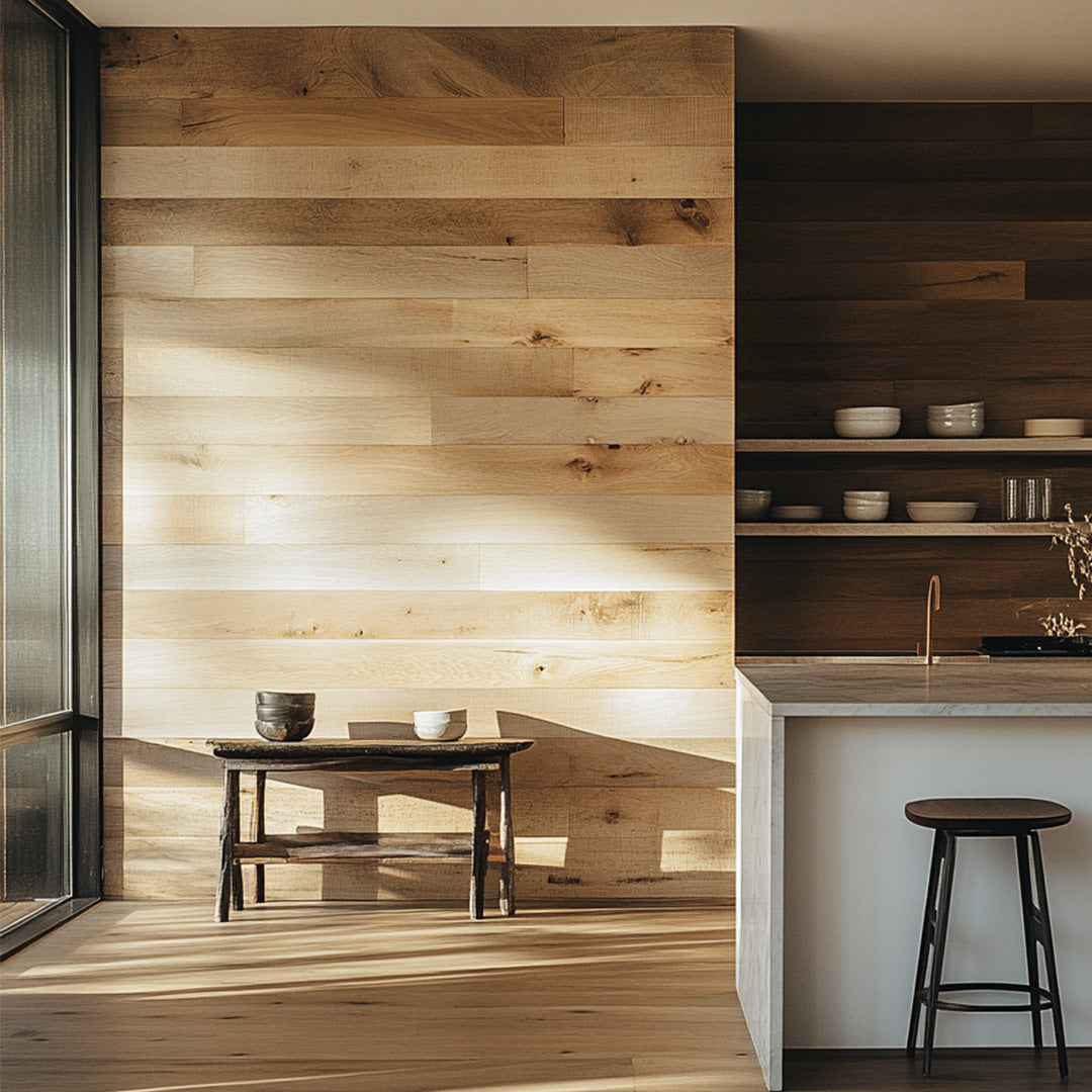 Ithaca Reclaimed Barn Wood Accent Wall in a modern kitchen