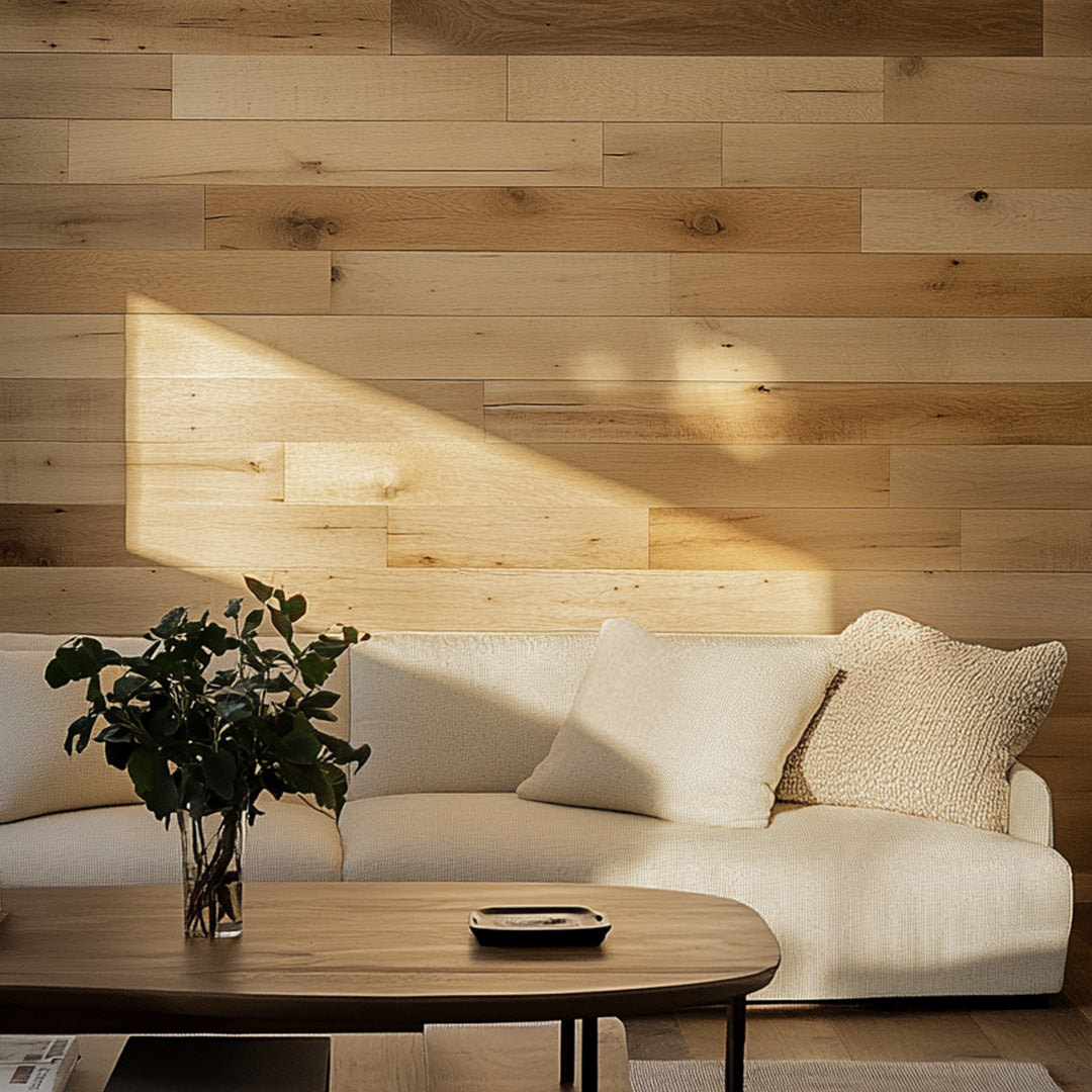 Ithaca Reclaimed Barn Wood Accent Wall Panels in a living room