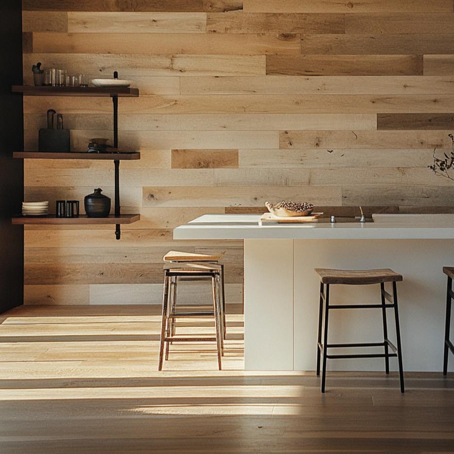 Ithaca Reclaimed Wood Accent Wall Panels in a kitchen
