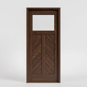 Laguna Chevron Paneled Solid Wood Exterior Door With Window on a white background with casing and threshold