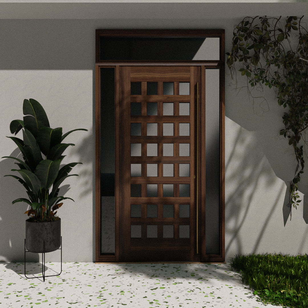 Lindamar 32 Light Glass Front Door with sidelights and transom in a garden setting 
