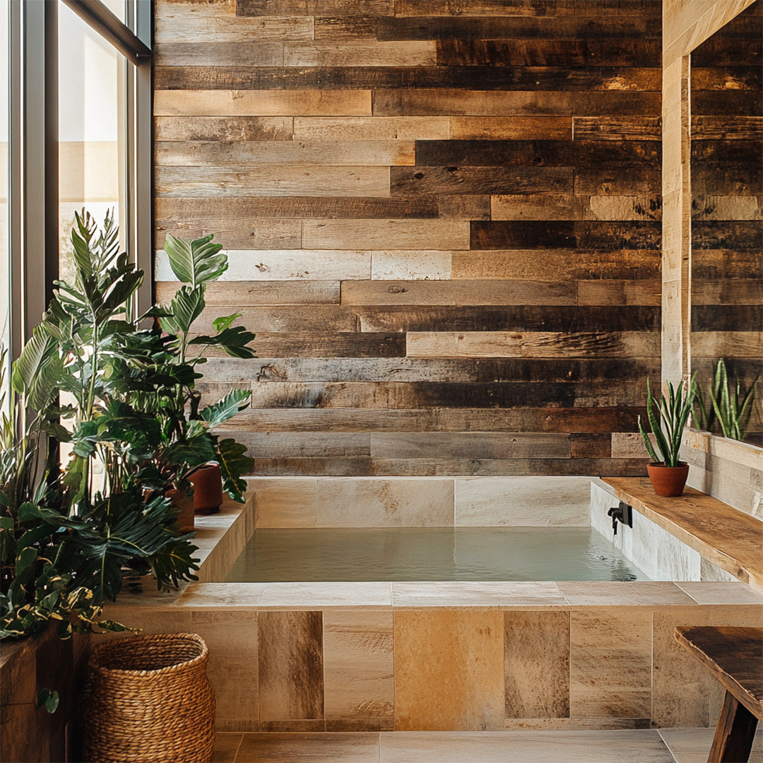 Mendocino Reclaimed Barn Wood Accent Wall in a spa