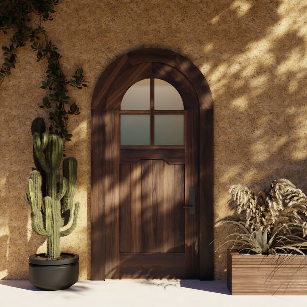 Round Top Door with Four Glass Panel Window in Black walnut